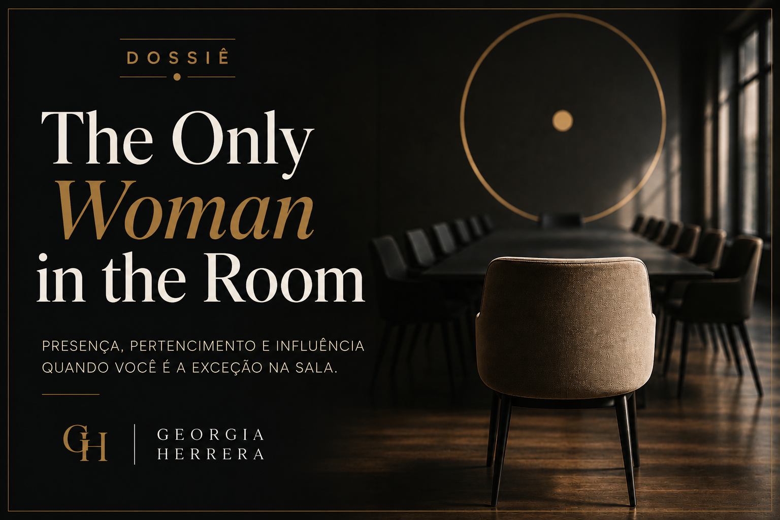 Capa do Dossiê The Only Woman in the Room: sala de reunião escura com uma poltrona clara isolada à frente de uma mesa de cadeiras vazias, com o título do Dossiê e a assinatura Georgia Herrera.